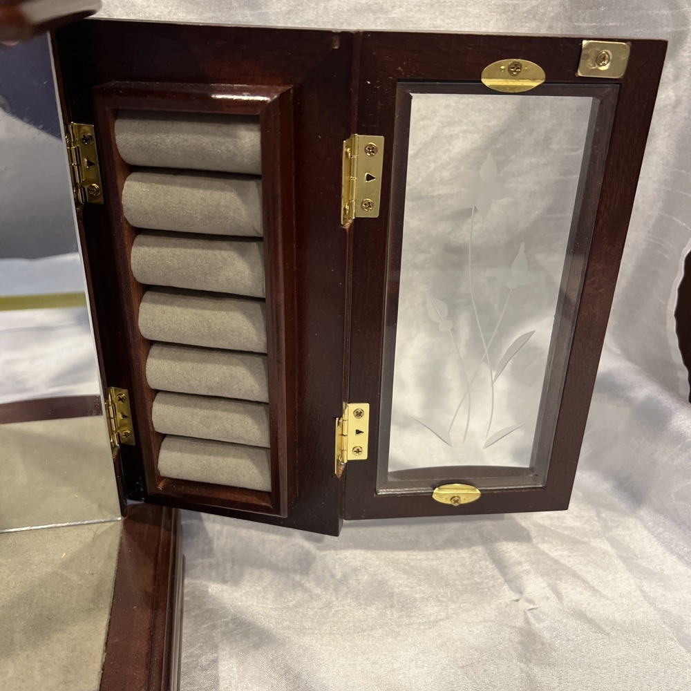 Large Vintage Lift Top Wooden Jewelry Box Etched Glass Doors- 4 Drawers 13.5x11 - Picture 8 of 16